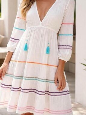 Blue Island White Rainbow Rick Rack Maxi Dress Small Tassel Boho Cover Up